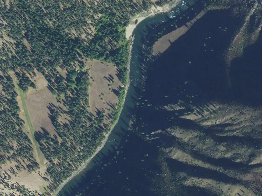 Aerial view of the river around mile 33.5, where Allison Ranch Campsite is on river right