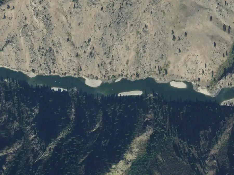 Aerial view of the river around mile 67.8, where Basin Creek is on river right