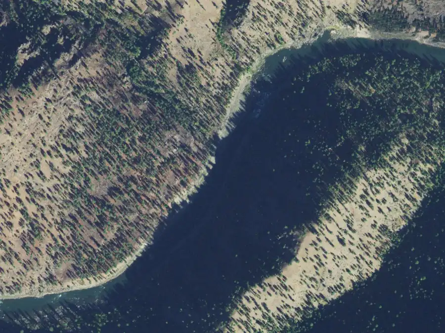 Aerial view of the river around mile 36.9, where Big Mallard is on river right