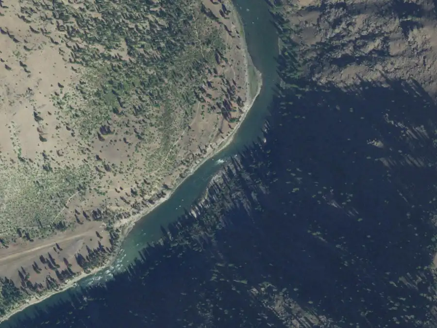 Aerial view of the river around mile 53.7, where Bluebird Hole is on river right