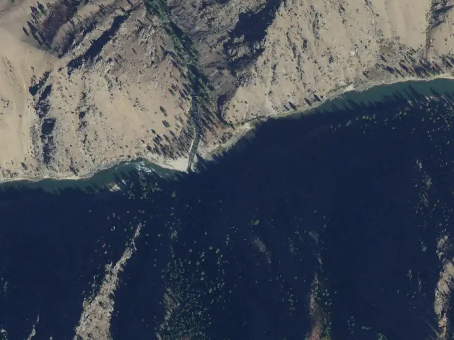 Aerial view of the river around mile 3.6, where Bridge Piling Campsite is on river left