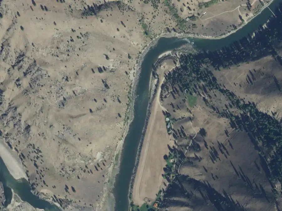 Aerial view of the river around mile 55.7, where Deadman's Hole is on river left