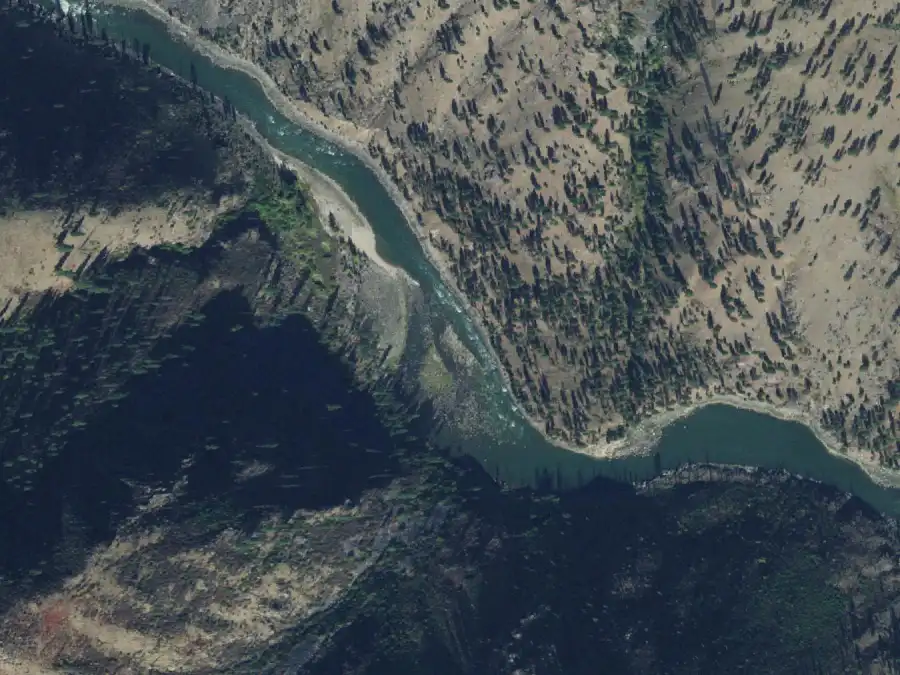 Aerial view of the river around mile 25.9, where Hancock is on river left