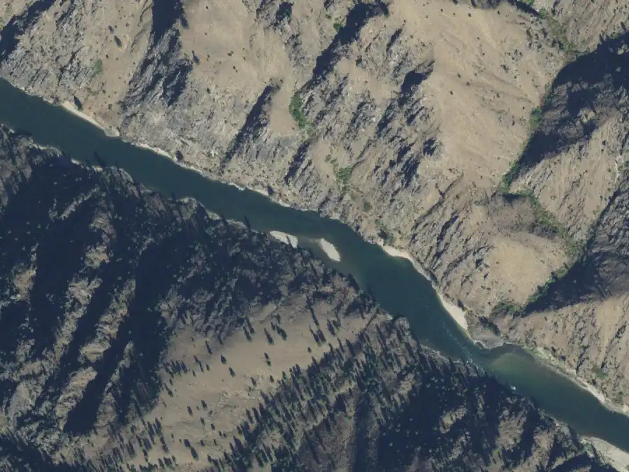 Aerial view of the river around mile 59.6, where Lower Pine Tree Hole is on river left