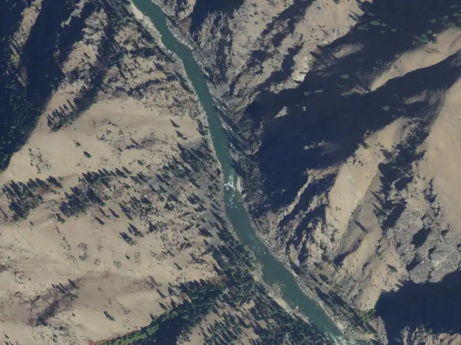 Aerial view of the river around mile 2.5, where Lunch Bar is on river left
