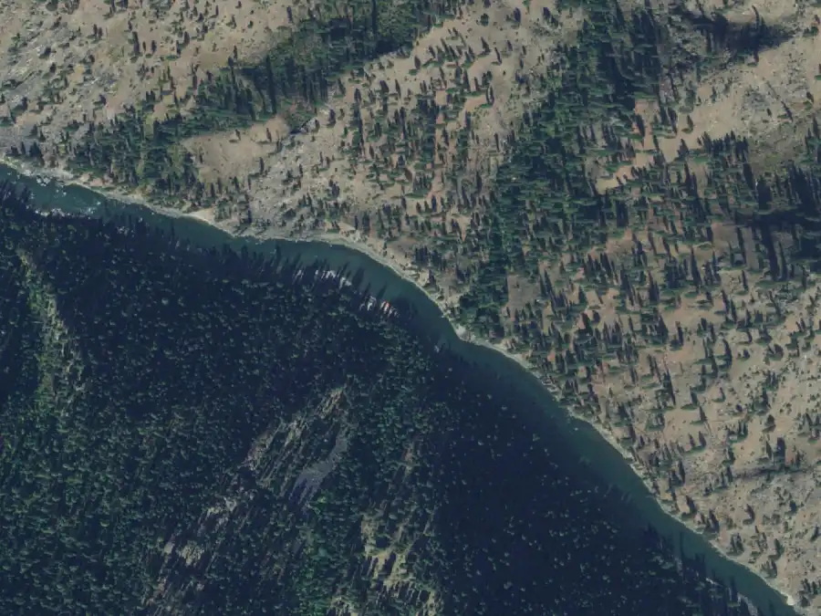 Aerial view of the river around mile 29.5, where Magpie is on river left