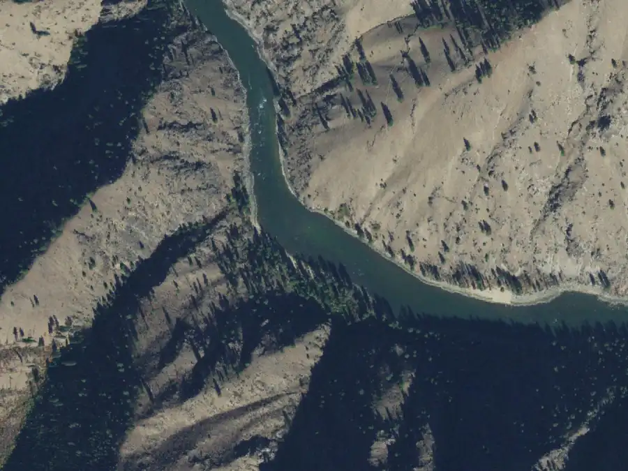 Aerial view of the river around mile 17.2, where Motor is on river left