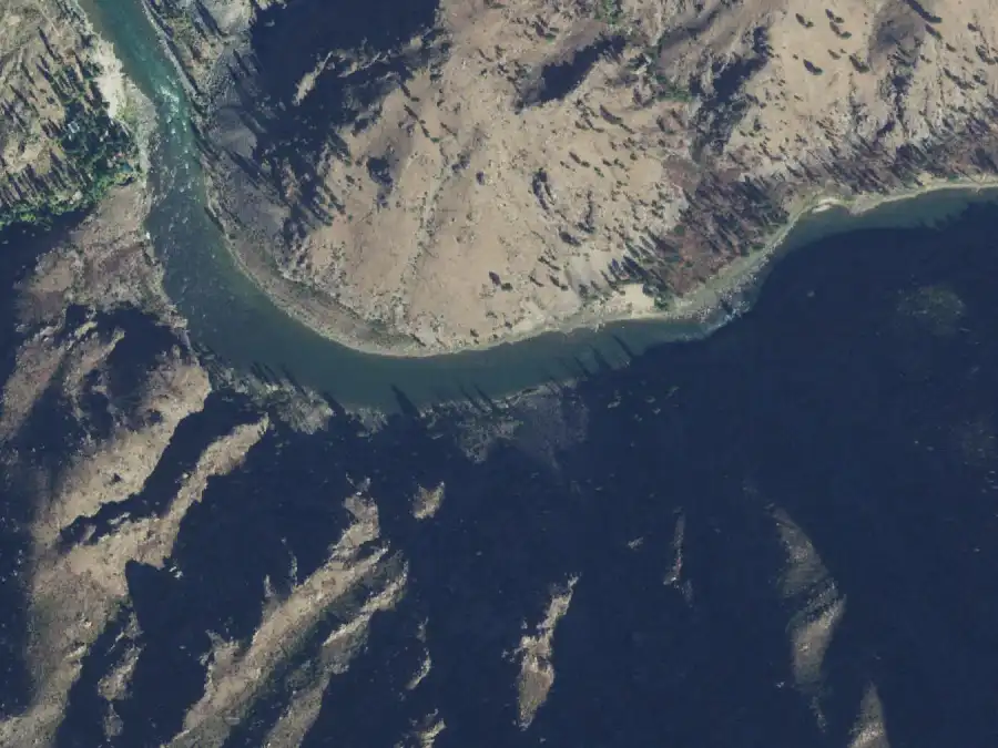 Aerial view of the river around mile 45.2, where Reed Creek is on river right
