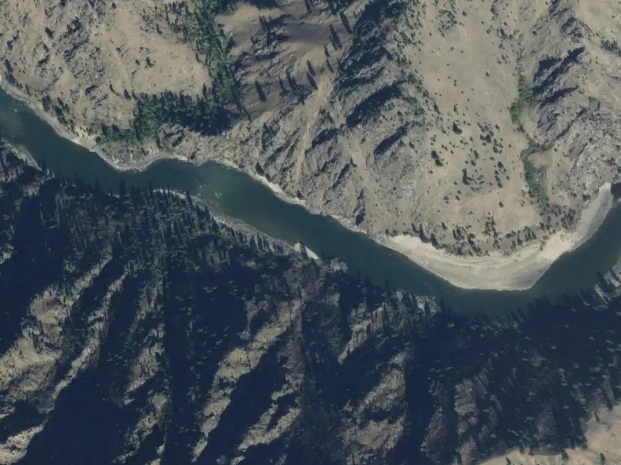 Aerial view of the river around mile 61.6, where Swimming Hole is on river right