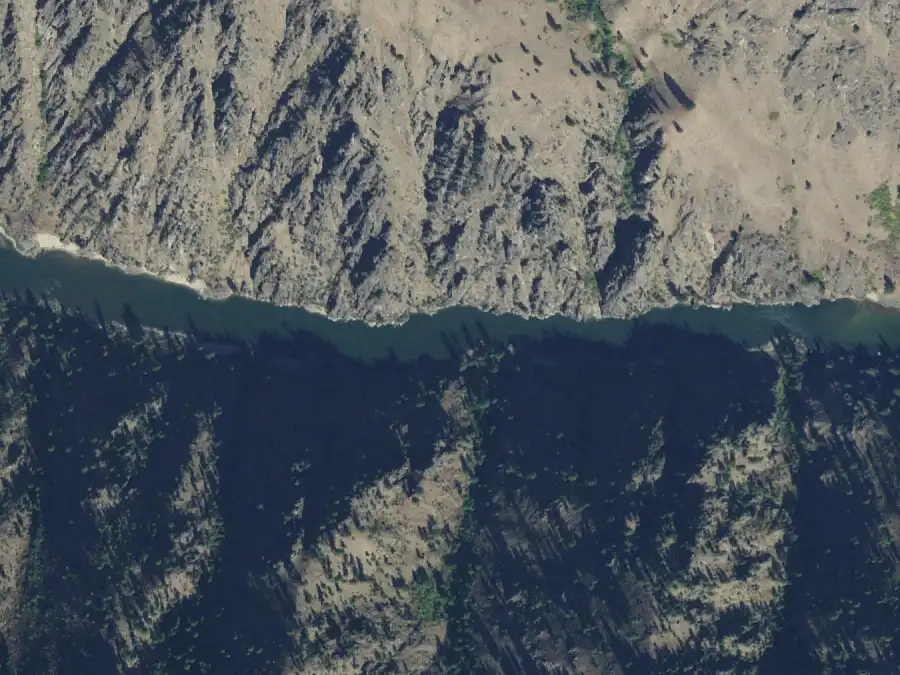 Aerial view of the river around mile 58.6, where Upper Pine Tree Hole is on river left