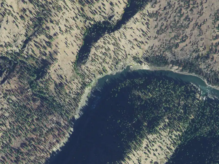 Aerial view of the river around mile 36.7, where Upper Yellowpine is on river right