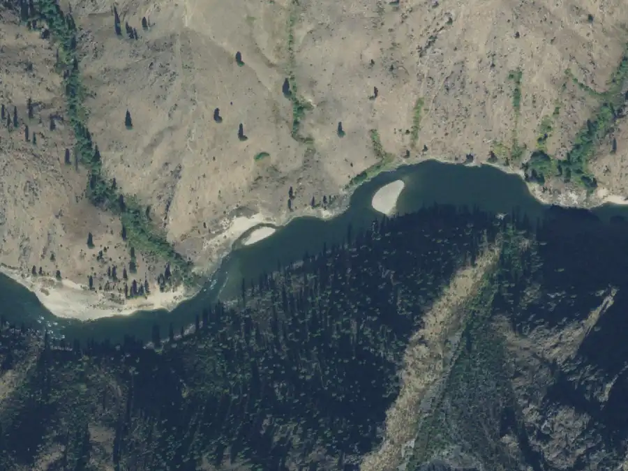Aerial view of the river around mile 68.7, where Whiskey Bob is on river right