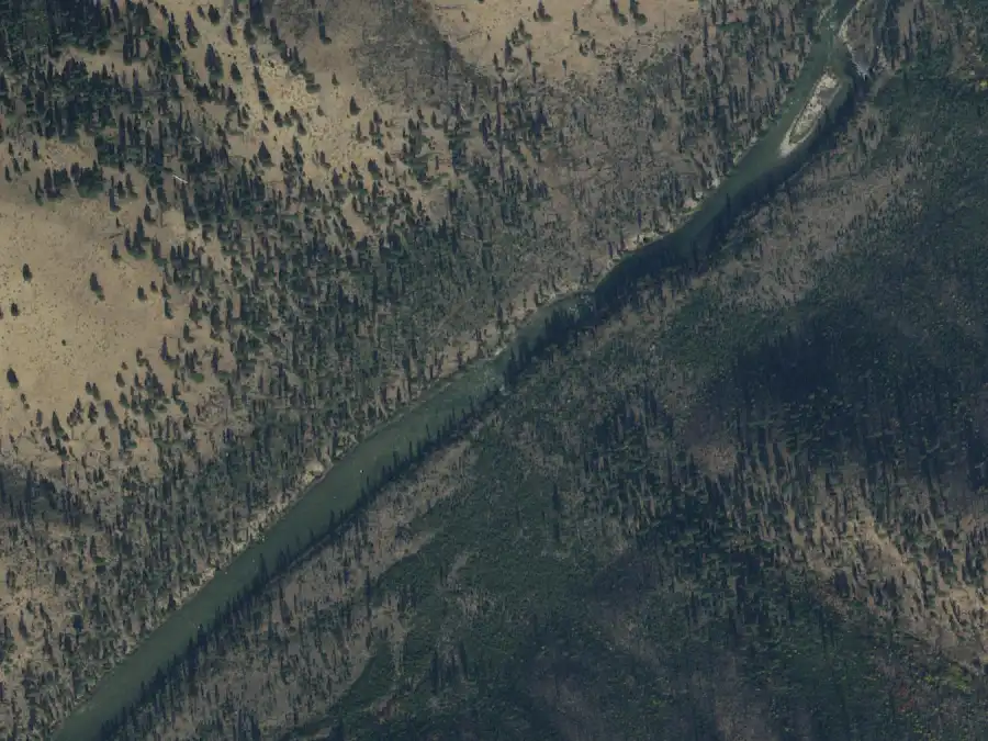 Aerial view of the river around mile 23.9, where Airplane is on river left