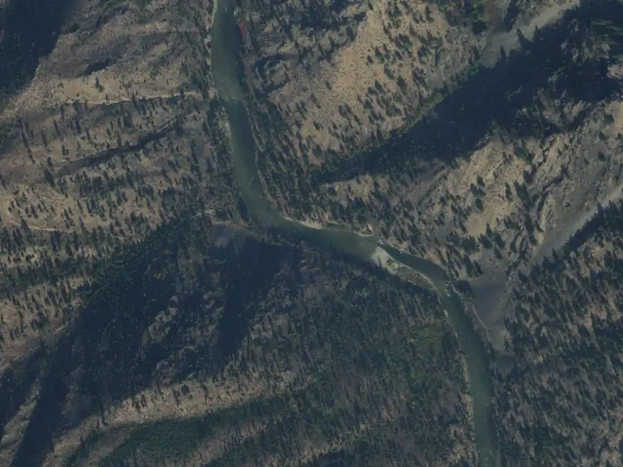 Aerial view of the river around mile 27.3, where Anderson Camp is on river right