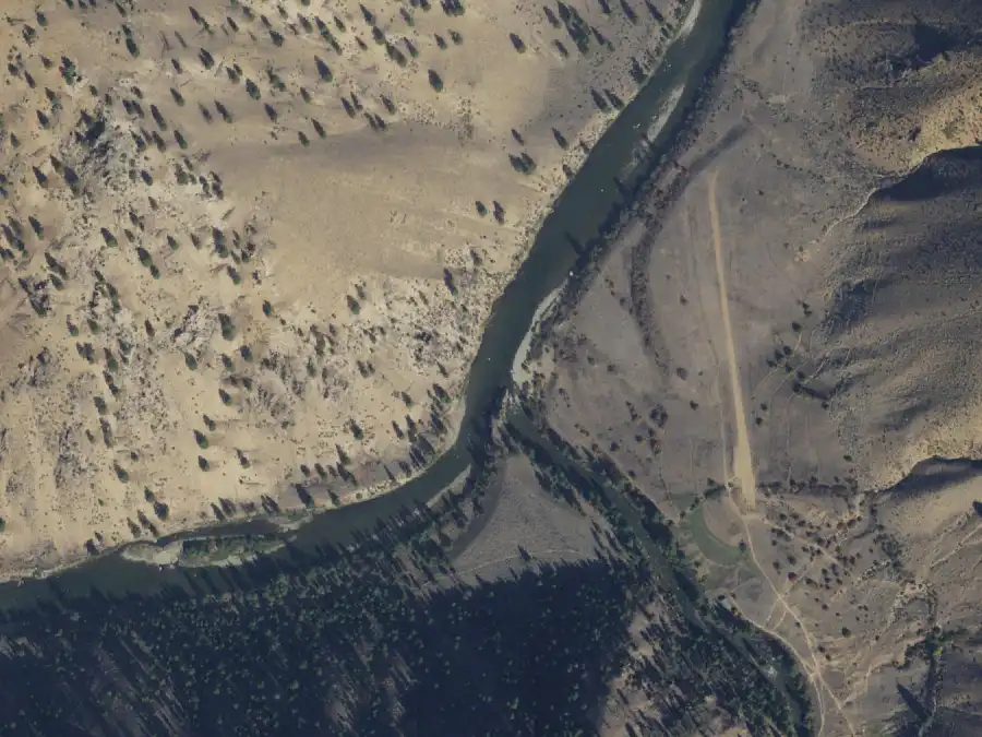 Aerial view of the river around mile 49.3, where Big Loon is on river right