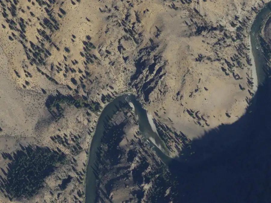 Aerial view of the river around mile 51.8, where Cave Camp is on river right
