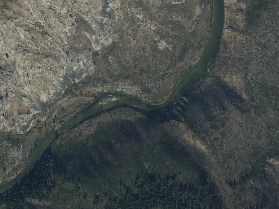 Aerial view of the river around mile 13.8, where Fire Island is on river left