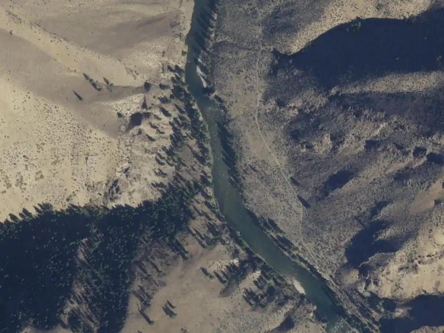 Aerial view of the river around mile 61.6, where Funston is on river left