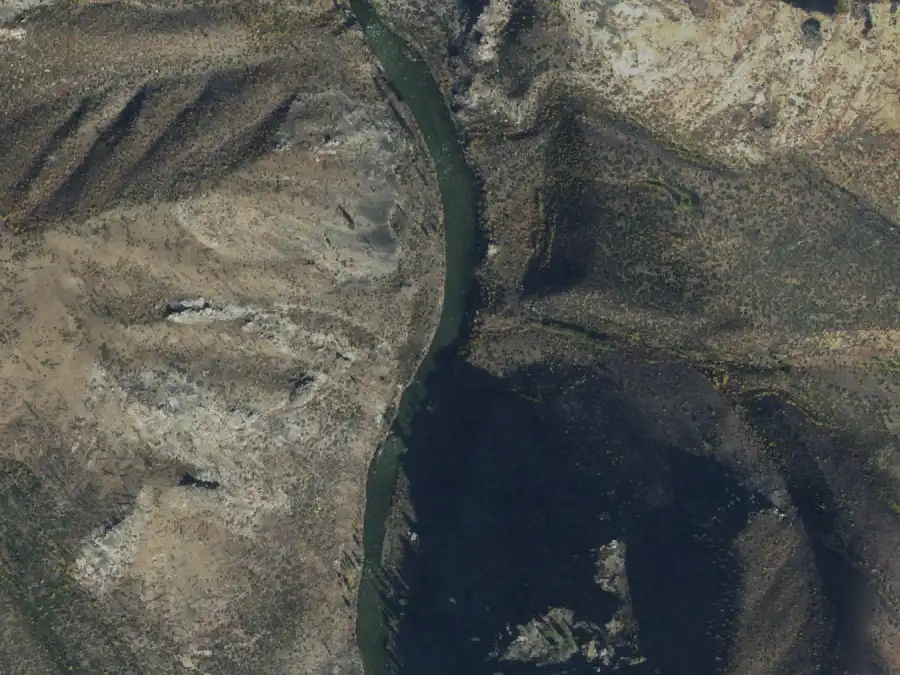 Aerial view of the river around mile 15.9, where Greyhound is on river right