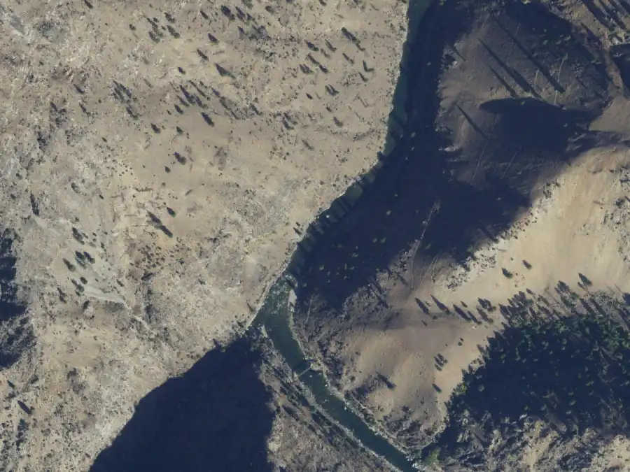Aerial view of the river around mile 78, where Last Chance is on river right