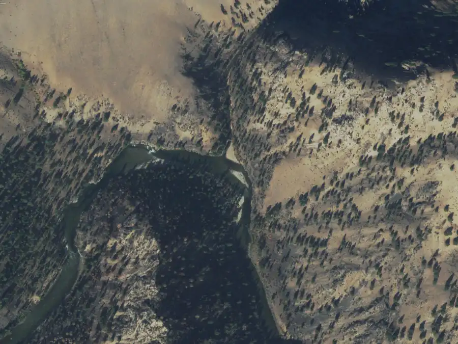 Aerial view of the river around mile 31.7, where Marble Cr. Right is on river right