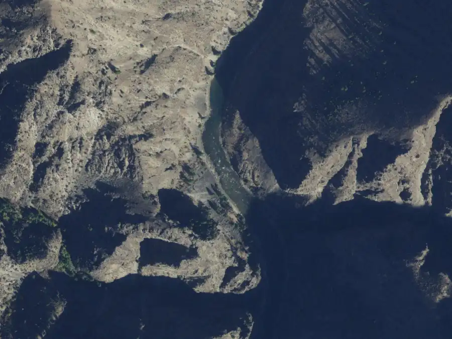Aerial view of the river around mile 84.4, where Papoose is on river left