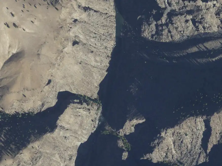 Aerial view of the river around mile 87.9, where Parrot Cabin is on river left