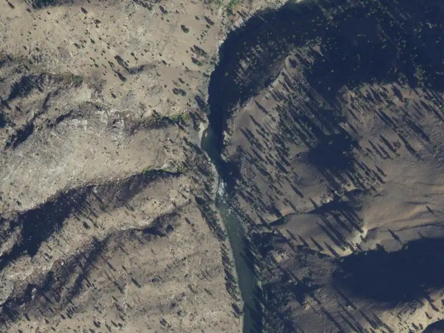 Aerial view of the river around mile 78.7, where Pine Bluff is on river left