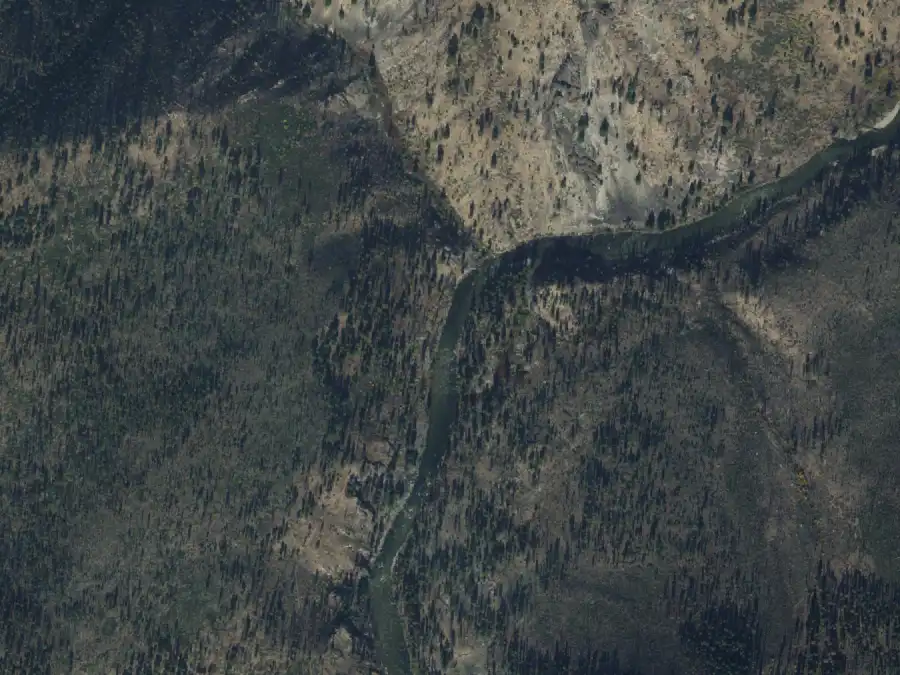 Aerial view of the river around mile 8.1, where Rapid Camp is on river left
