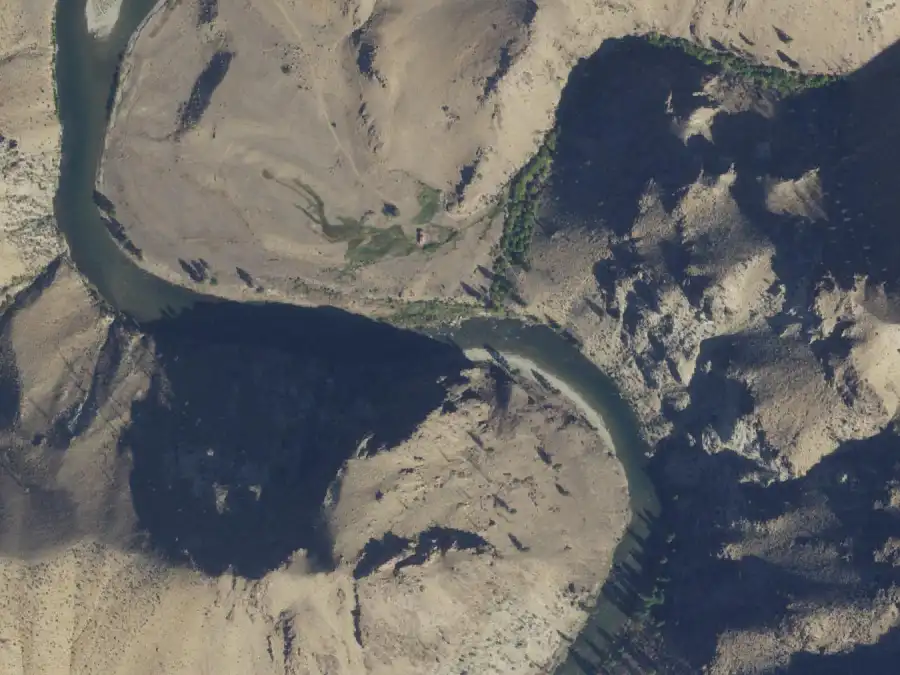 Aerial view of the river around mile 65.3, where Sheep Creek is on river left