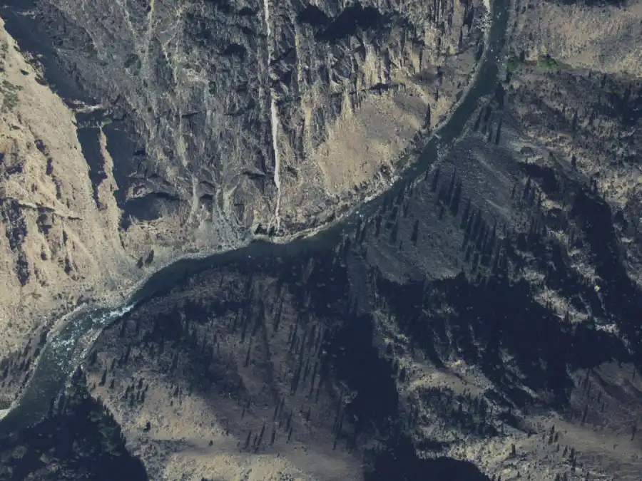 Aerial view of the river around mile 92.7, where Solitude is on river left