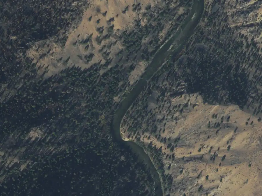 Aerial view of the river around mile 32.6, where Sunflower is on river right