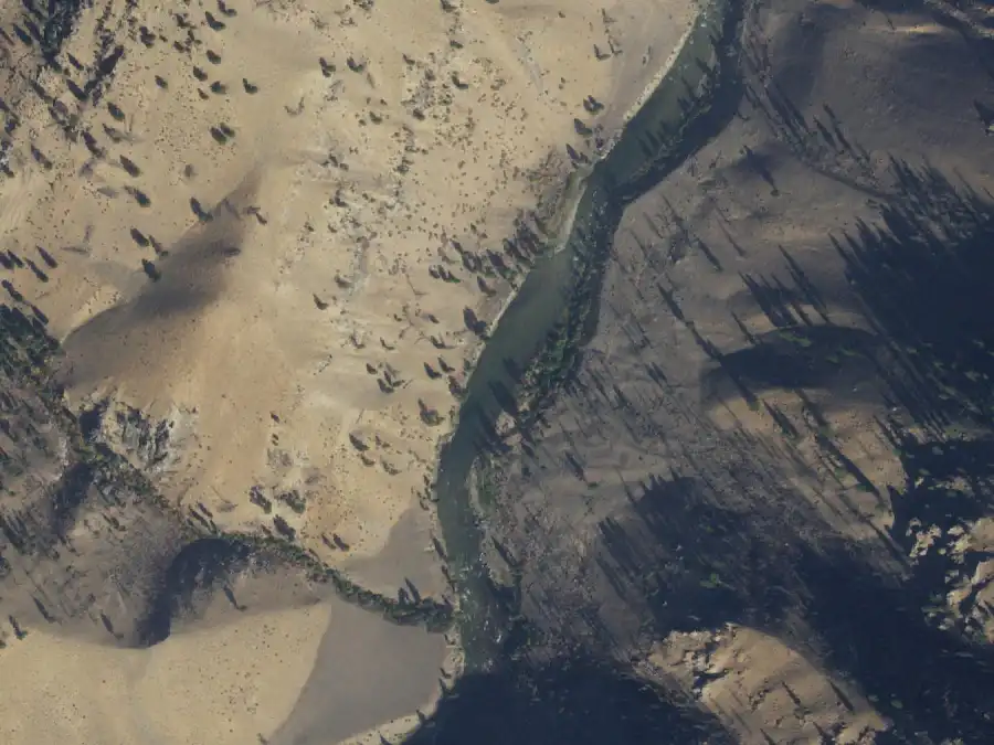 Aerial view of the river around mile 47.3, where White Creek is on river right