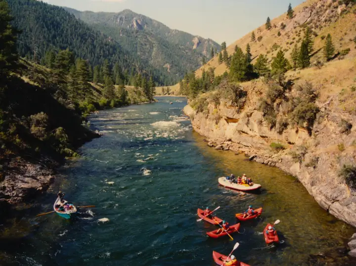 Rafts and kayaks on the green water of the Salmon River in a steep forested canyon
